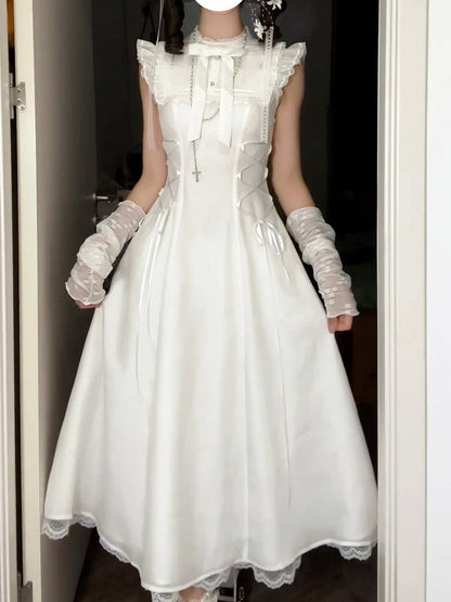 Pure Flutter Waist White Lace-Up Dress:Long Versionwith Sleeve Aesthetic