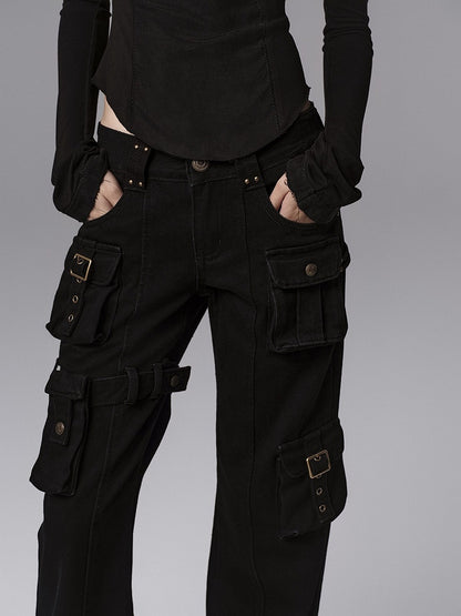 Pants - Vintage Silhouette Cargo Flare Pocket Detachable Black