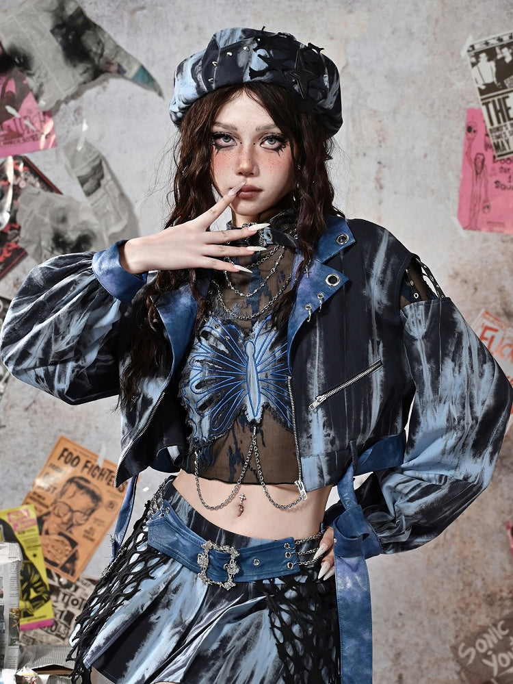 Grunge Punk Rock Star Nieten Blau und Schwarz Tie Dye Baskenmütze