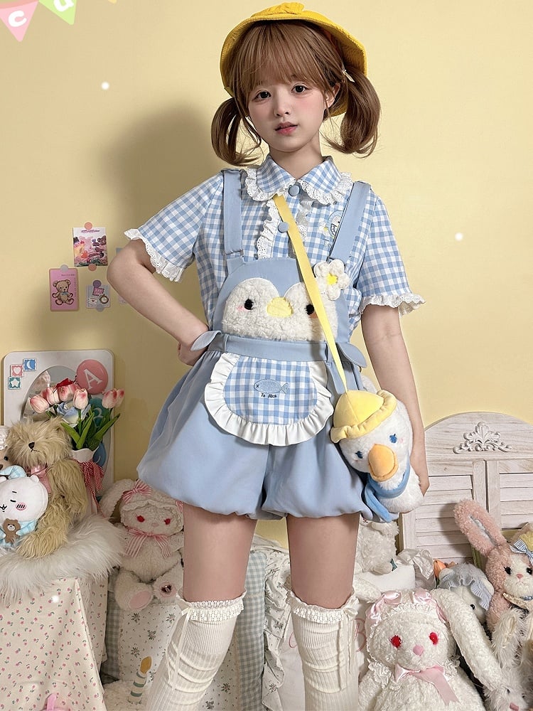 Little Penguin – Blaue, süße Overalls mit Bubble-Shorts