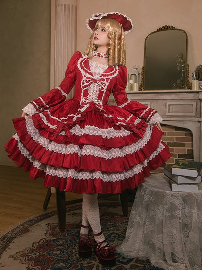 Wunderschönes Lolita-Kleid mit gestuftem Rüschenrock, Puffärmeln und Glockenärmeln in Rot