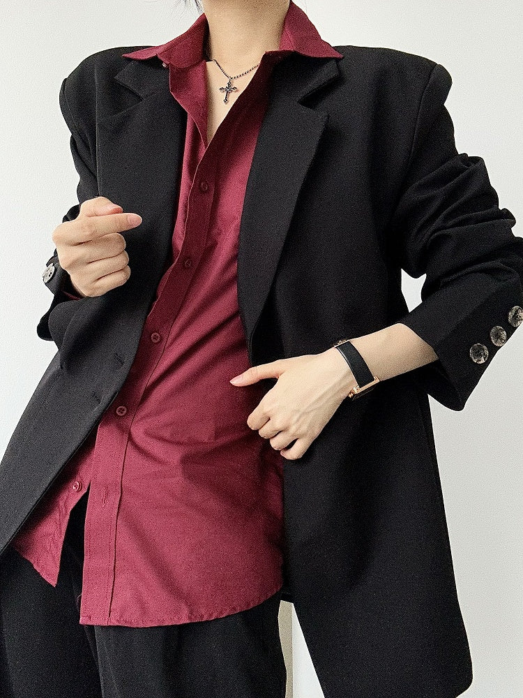 Shirt Unisex Pointed Front Collar Wine Cuff with Ouji Red Lolita Button