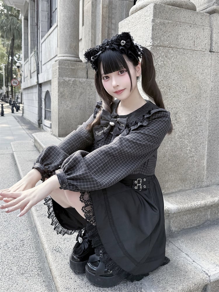 Hahnentrittmuster und lang mit Taille Faux Jirai Kleid Schwarz Kei Zweiteilige Schnallen Quadratisches Design Ärmel