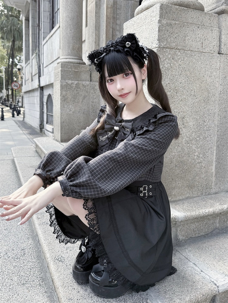 Black with Jirai Dress Square Houndstooth Waist Two-Piece Design Sleeve Buckles Long Faux and Kei