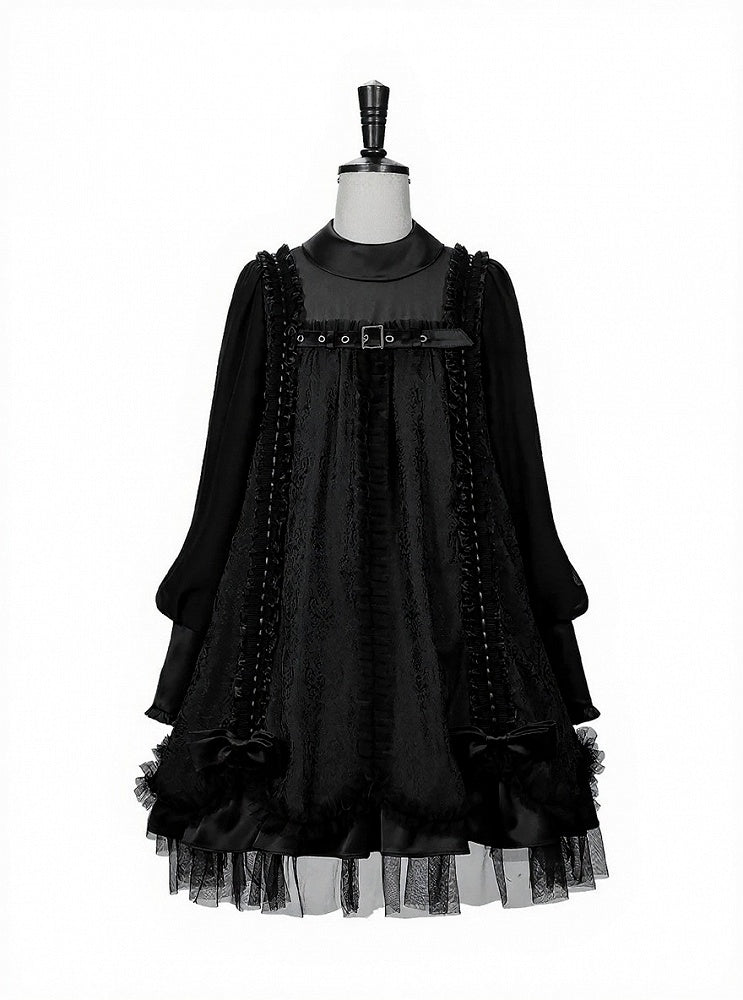 Black Gothic Lolita Pleated Dress with Round Collar, Lace and Metal Accents - Kuroya
