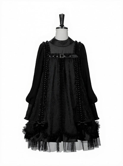 Black Gothic Lolita Pleated Dress with Round Collar, Lace and Metal Accents - Kuroya