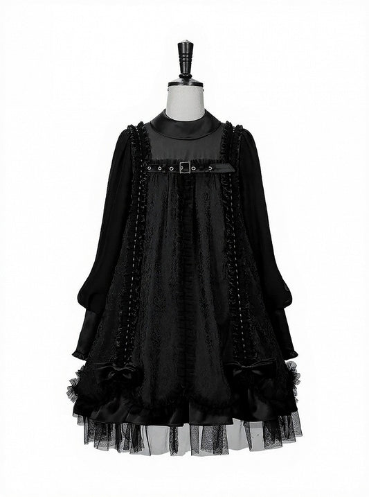 Black Gothic Lolita Pleated Dress with Round Collar, Lace and Metal Accents - Kuroya