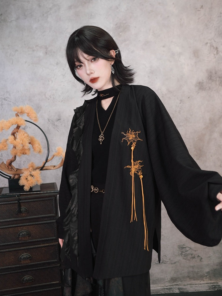 Gothic Black Pipa Sleeve Cardigan with Mandala Embroidery, Tassels and Ruffle Edging - Quirky Hut