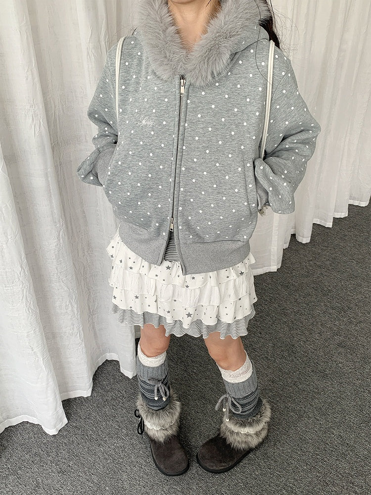 Dot Trim Jacket Dual-way Hood with Fleece-lined Plush Gray Polka Zipper