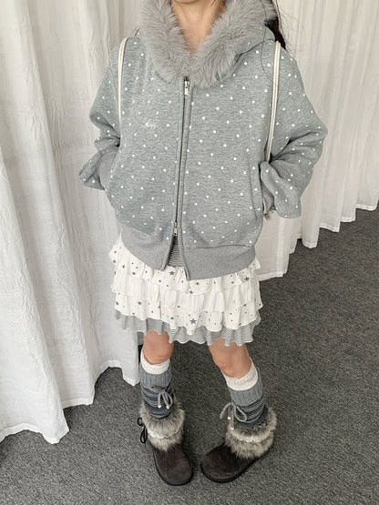 Dot Trim Jacket Dual-way Hood with Fleece-lined Plush Gray Polka Zipper