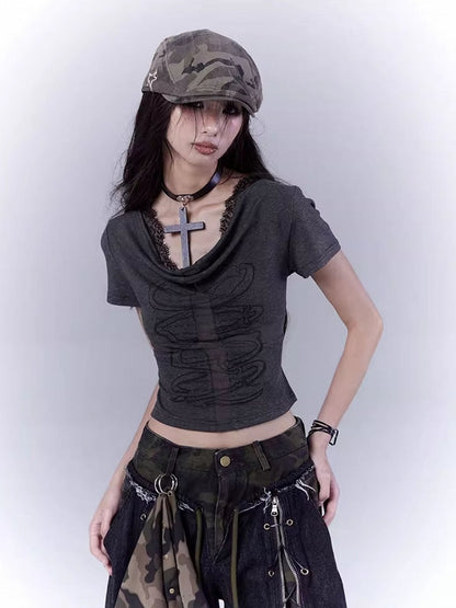 Dark Gray Cowl Neckline Cross Cutout Detail T-Shirt