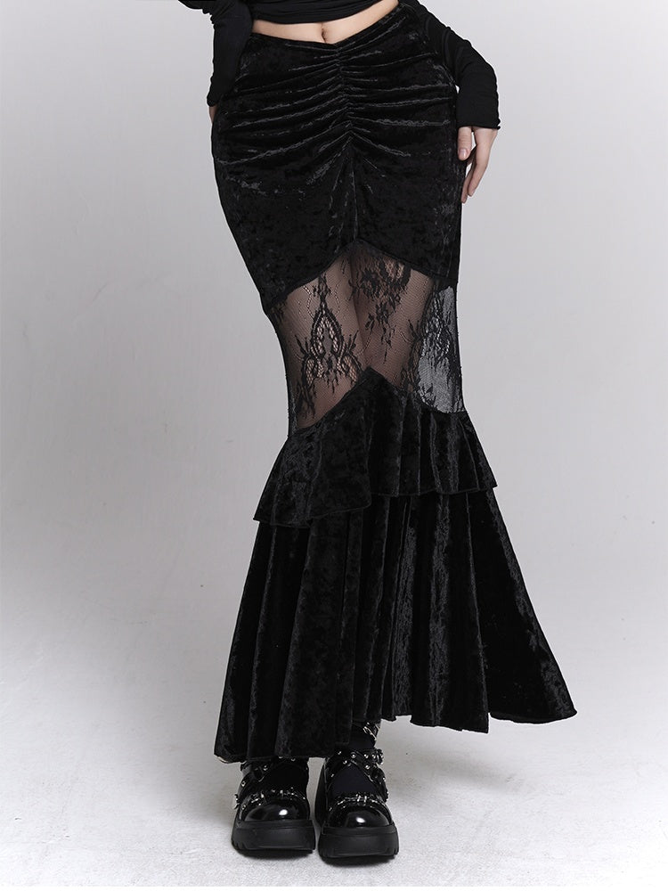 Gothic Black Velvet Contrast Lace Patches Ruched Design Mermaid Skirt