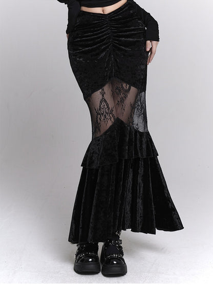 Gothic Black Velvet Contrast Lace Patches Ruched Design Mermaid Skirt