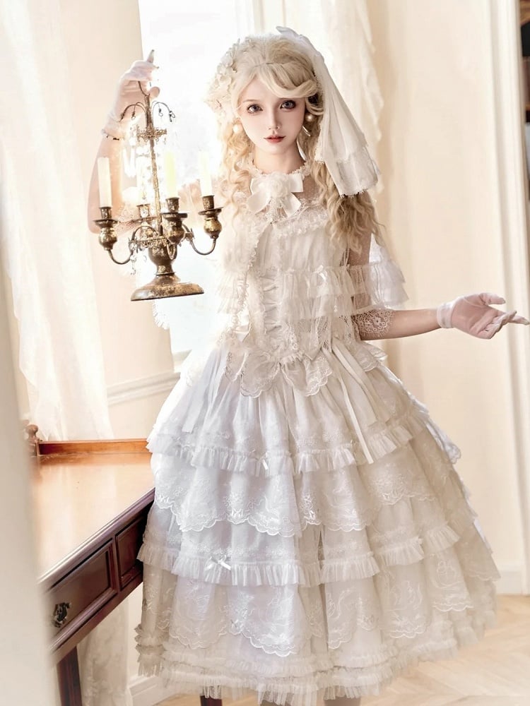 Skirt Scallop Embroidered Trim Ruffles Elegant White Lolita Classic Tiered
