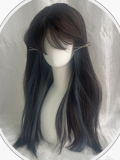 Graue und blaue Highlights, lange, glatte Kunsthaarperücke mit Pony