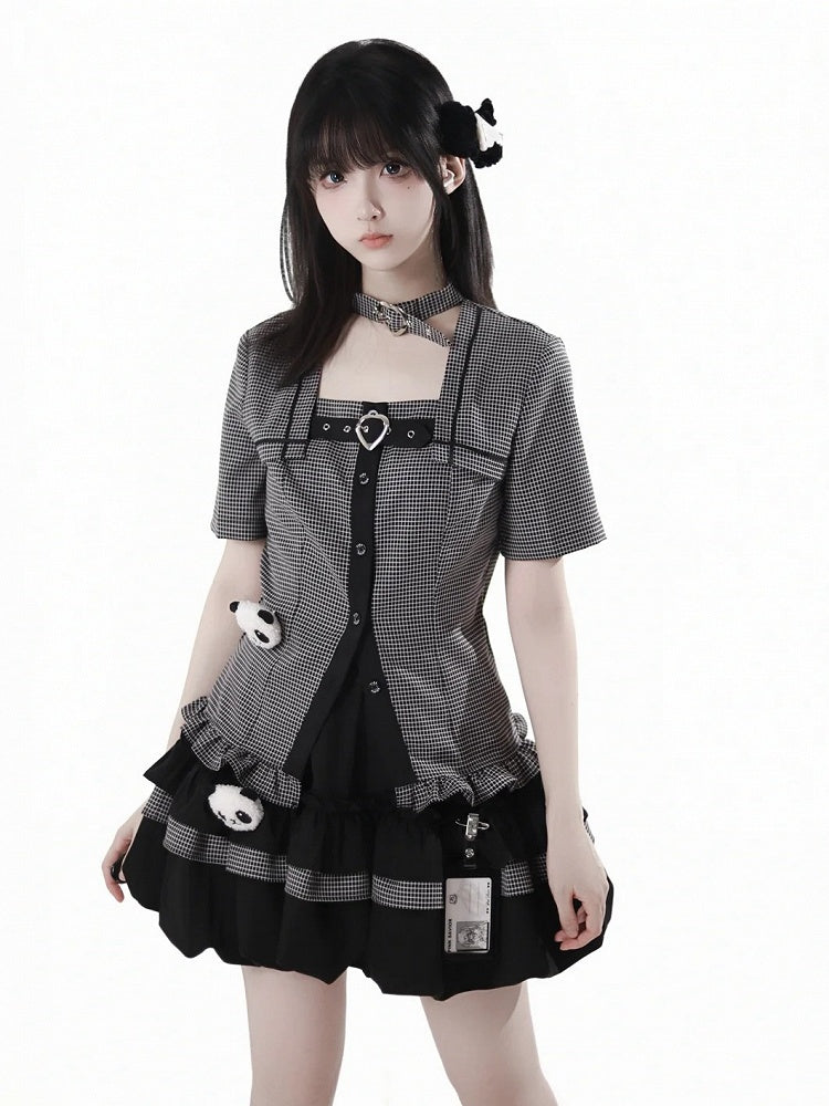 Choker Design Rüschen Saum Plaid Bluse Schwarz Criss-cross All-in-one und