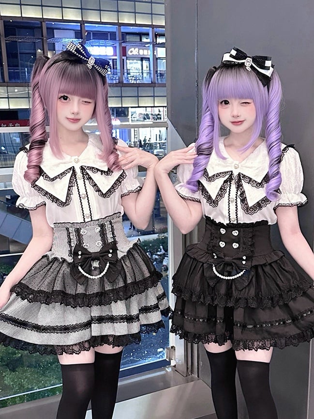 Black White Jirai Kei Sailor Collar Blouse with Lace Detail - Puppet Bombs