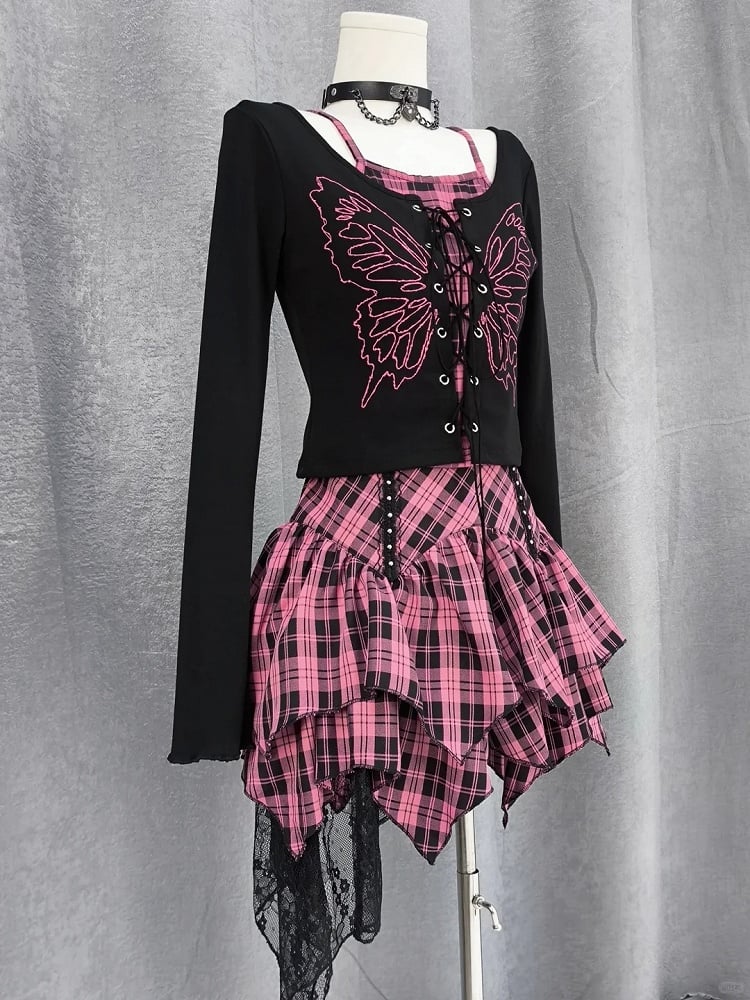 Top Faux Y2K Schnürung vorne Schmetterlingsdruck Schwarz Pink Plaid Zweiteiler und