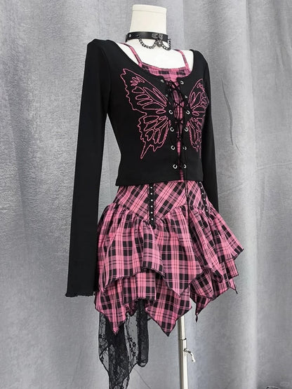 Top Faux Y2K Schnürung vorne Schmetterlingsdruck Schwarz Pink Plaid Zweiteiler und