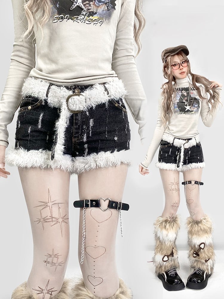 Trim with Belt Shorts Matching Fuzzy Black Denim