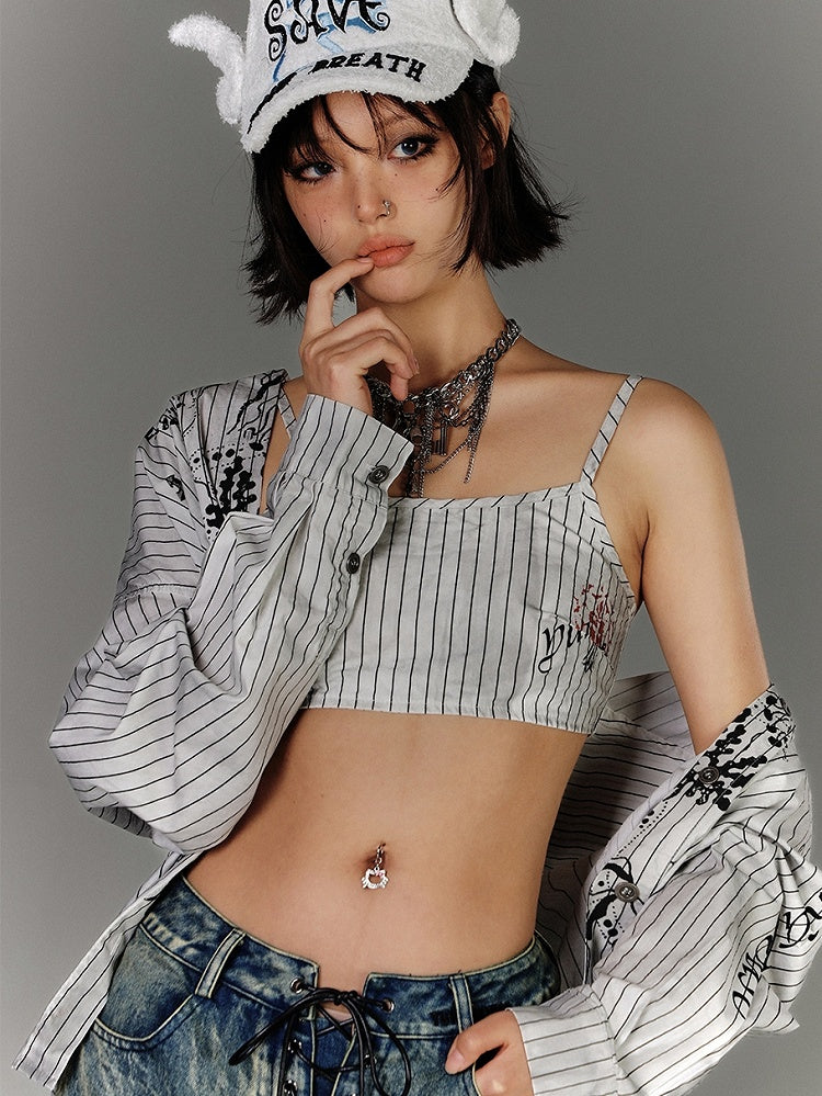 ダメージ加工のオーバーサイズシルエットのグラフィティシャツ ブラック ホワイト ストライプ