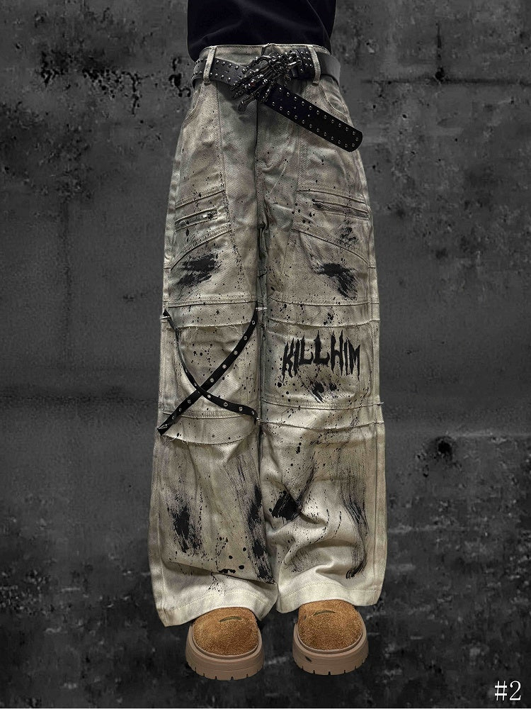 Jeans with Wasteland Strap Cargo Yellow Punk Design Tie Crossed Straight-Leg Dye