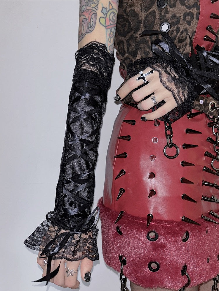 Spitze Y2K Ärmel Schnürbesatz Pink/Schwarz/Lila/Rot Glamouröses Detail