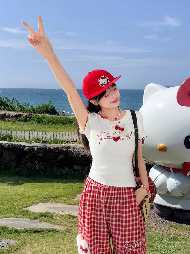 レースアップバック プラッシュキティ レタスヘム ホワイト Tシャツ