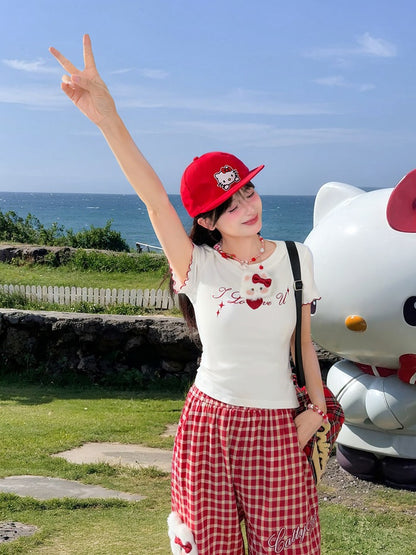 レースアップバック プラッシュキティ レタスヘム ホワイト Tシャツ