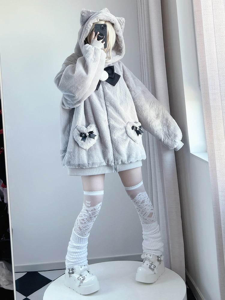 12 Kitty-Ear Jacket Bows Detachable Hooded with Pompom Jirai Available Colors Plush Kei