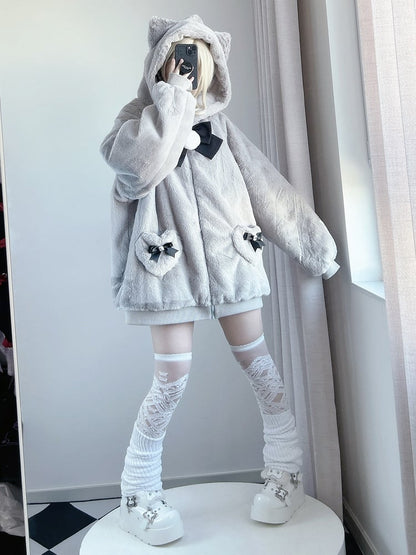 12 Kitty-Ear Jacket Bows Detachable Hooded with Pompom Jirai Available Colors Plush Kei