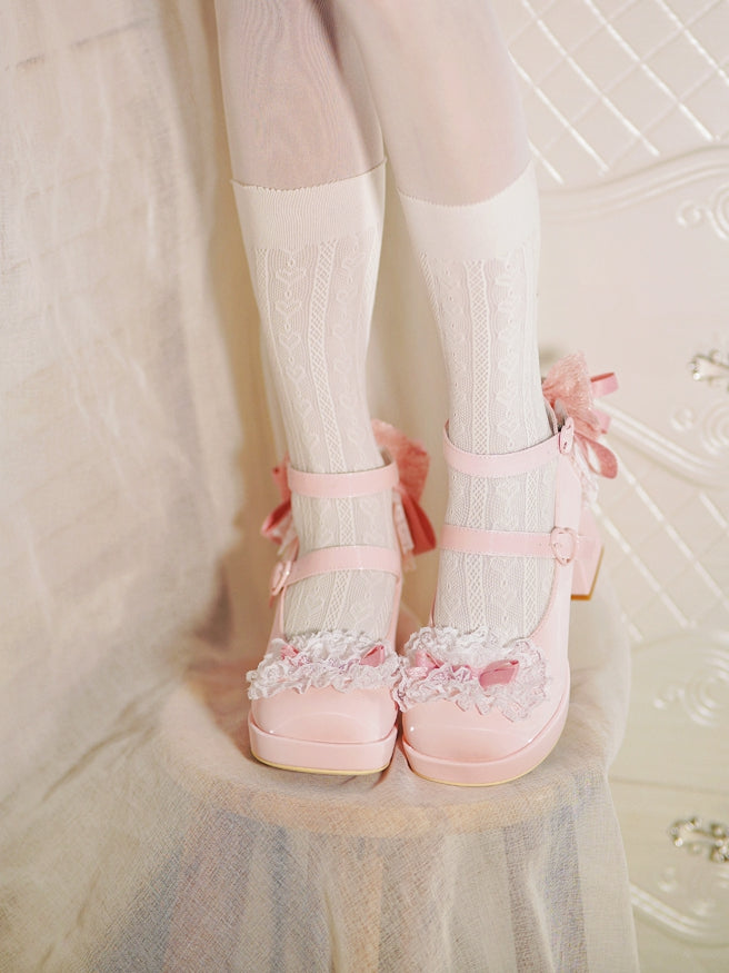 Rosa High Trim Lace Heels Herz Top Schleife an Block Schnallen geknotet