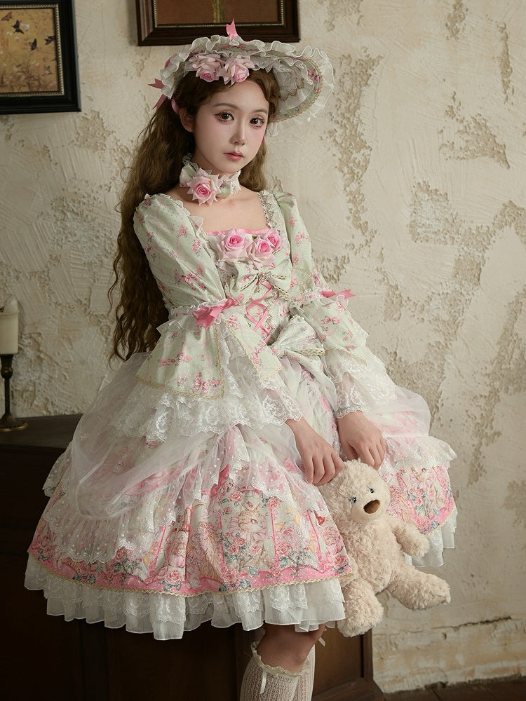 Rosette Print Pink / Green Floral Design Bonnet