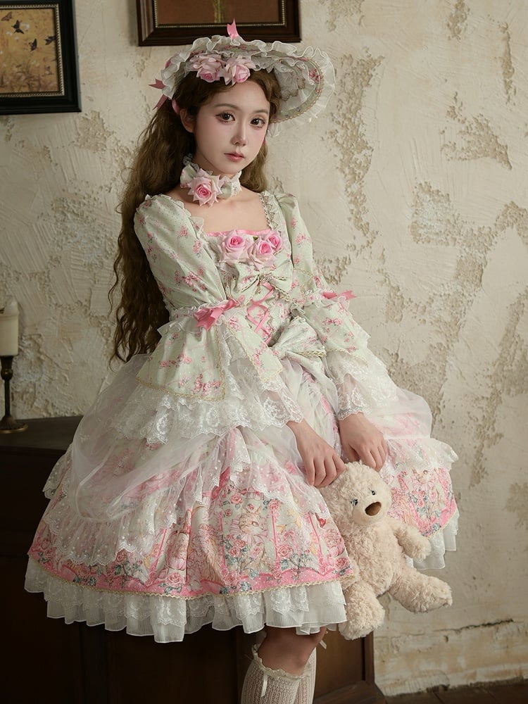 Mint Green Rosette Print Rococo Fashion Inspired Lolita Dress Square Neckline Bell Sleeves OP / Full Set