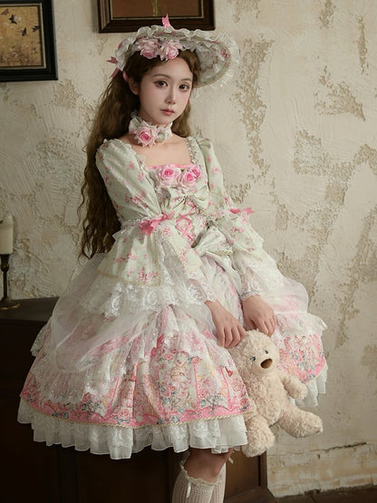 Mint Green Rosette Print Rococo Fashion Inspired Lolita Dress Square Neckline Bell Sleeves OP / Full Set