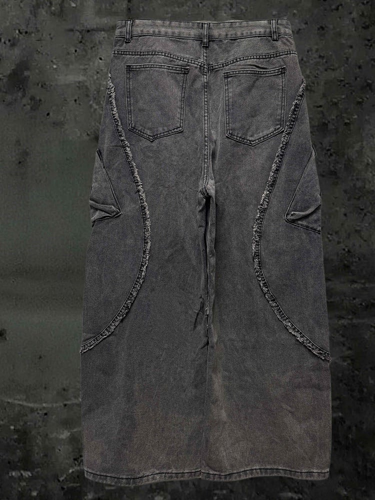 Raw Cross with Wide-Leg Grey Detailing Wasteland Hem Jeans Punk Y2K