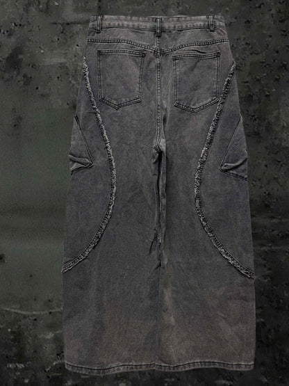 Raw Cross with Wide-Leg Grey Detailing Wasteland Hem Jeans Punk Y2K