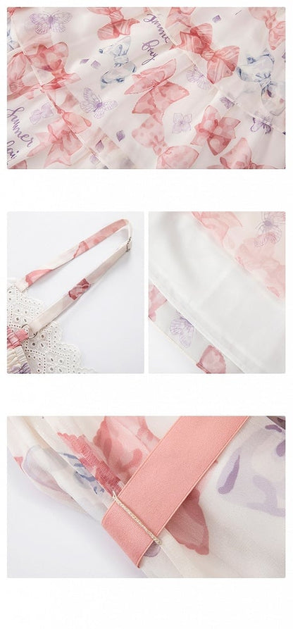 ピンクのハイウエスト蝶結びティアードスカートサマーロリータドレス