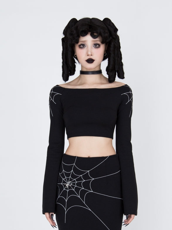 Gothic Black Spiderweb Bell Sleeves Cropped Top