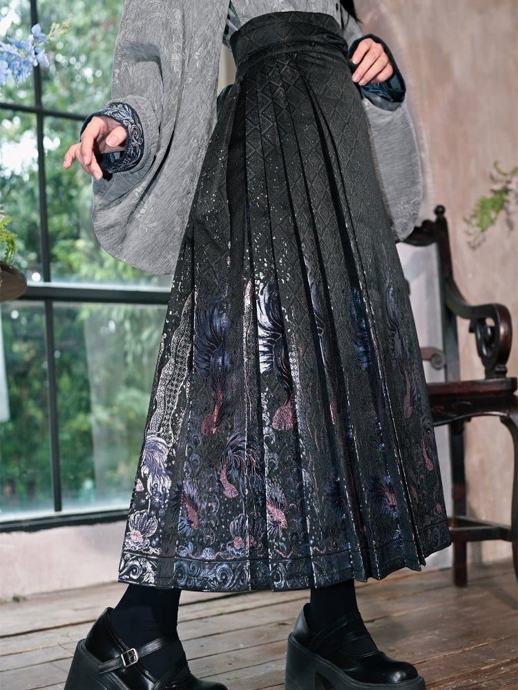 Pattern Mian - Waist Self-Tie Chinese Strap Skirt with Ma Black Pleated Style Goldfish