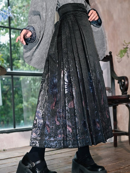 Pattern Mian - Waist Self-Tie Chinese Strap Skirt with Ma Black Pleated Style Goldfish