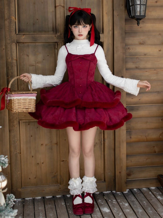 Red Basque Waist Plush Trim Hemline Christmas Lolita Dress Adjustable Thin Shoulder Straps