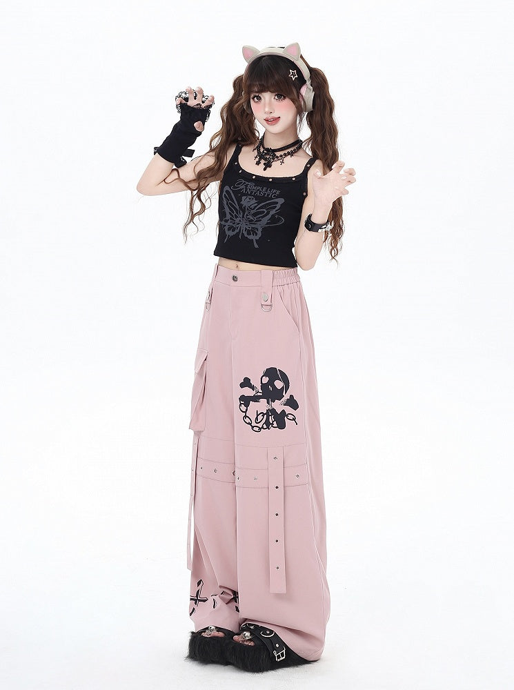 Wide-Leg Pants Black/Grey/Pink and Cross Print Pockets Cargo Skeleton