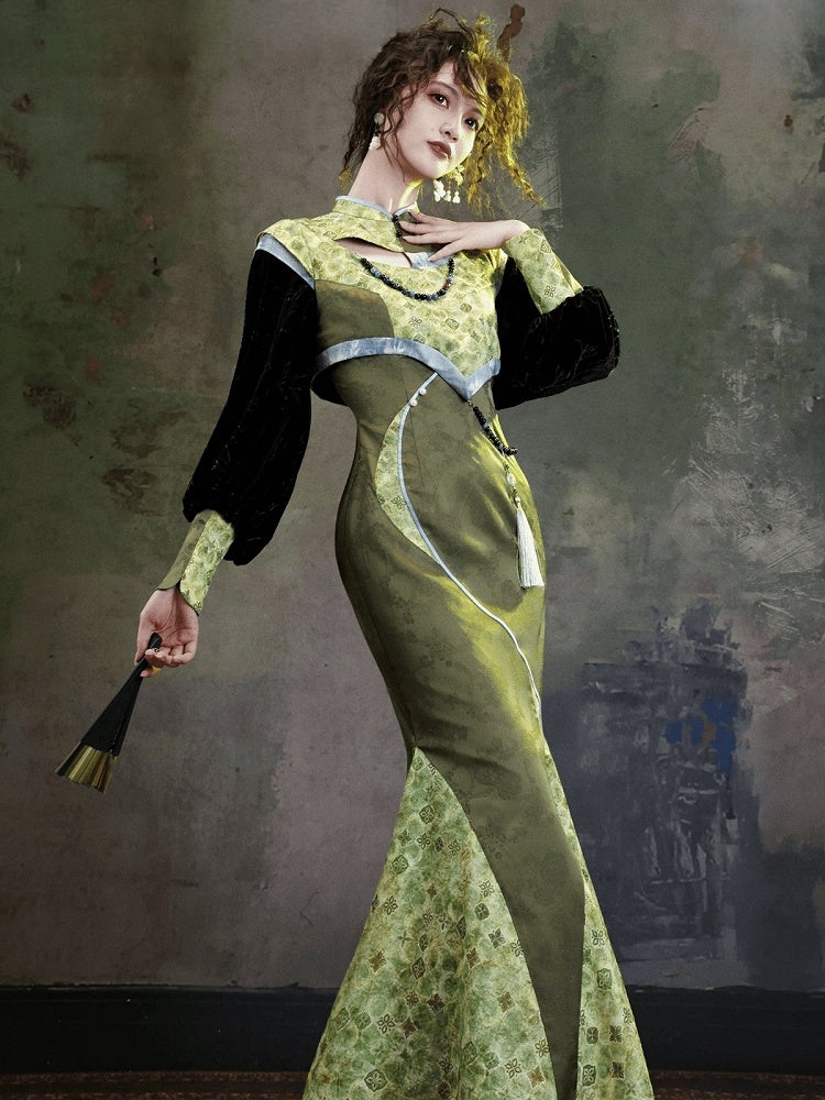 Grass Green Jacquard Chinoiserie Floral Fishtail Qipao Dress with Long Sleeves - sijinstudio