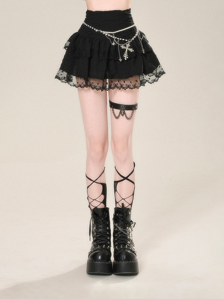 レーストリムハイスカート グラマラスティアードミニメッシュブラックウエスト