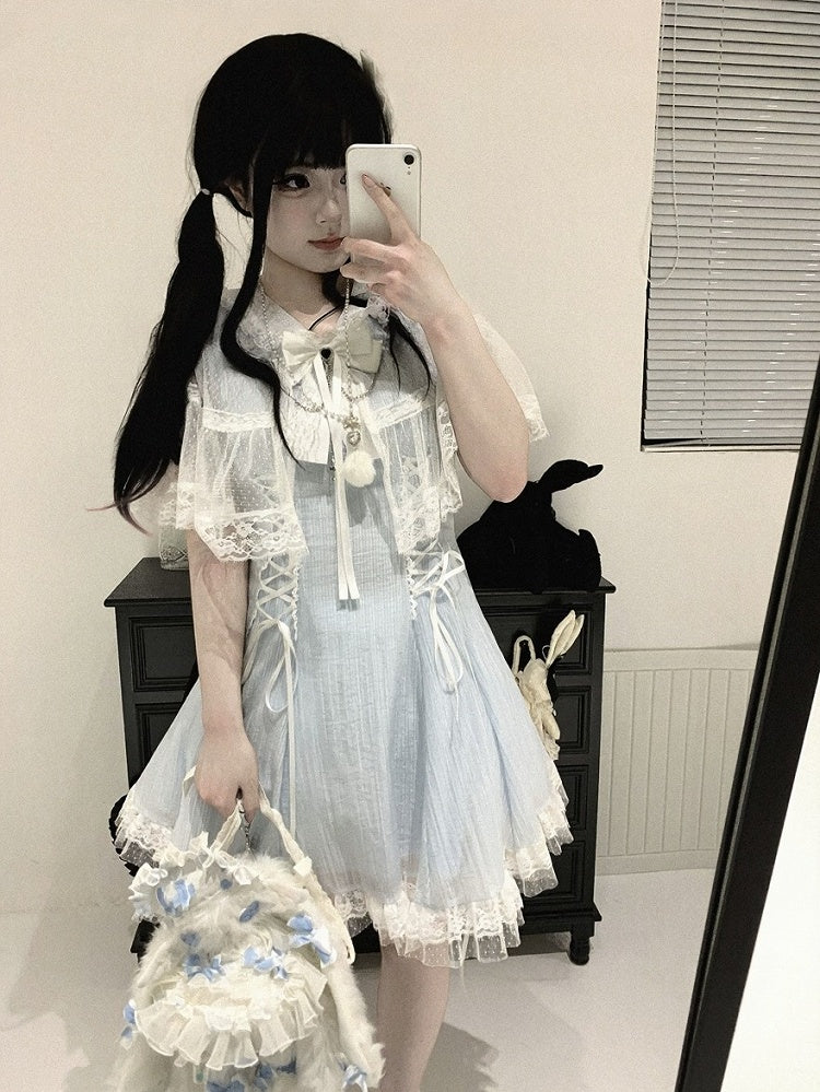 Lace Cape Design Dress with Bow, Short Sleeve, 4 Colors, Landmine - Kitty Bxllet