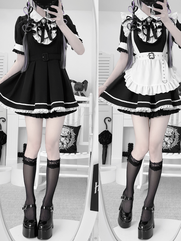 und Shorts Kei Jirai Set Pan Top Maid Weiß Peter Kragen Schwarz mit