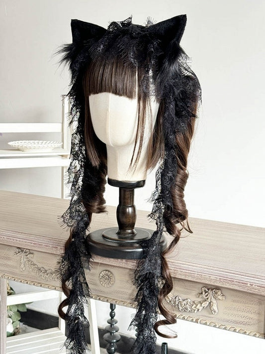Feather-like Cat-ear Gothic and with Lace Tails Decorations Hairband Black/White Flowing