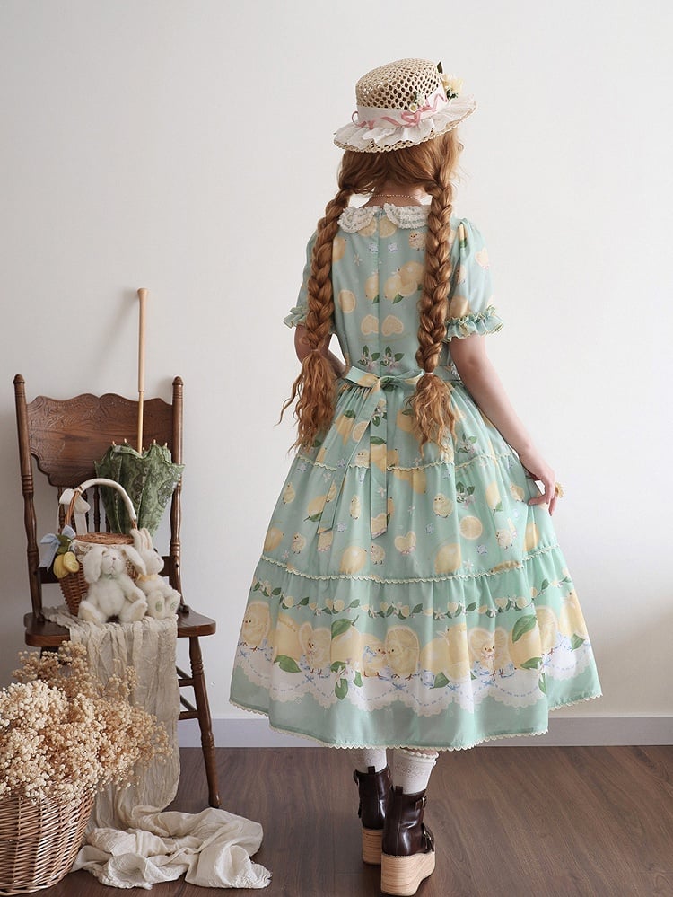Summer and Print Spring for Chick Dress Green Lolita Short Sleeves Lemon