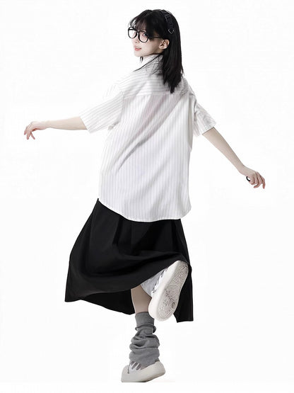 Short Sleeves Shirt Anime Girl Print White Stripes Tie Bow